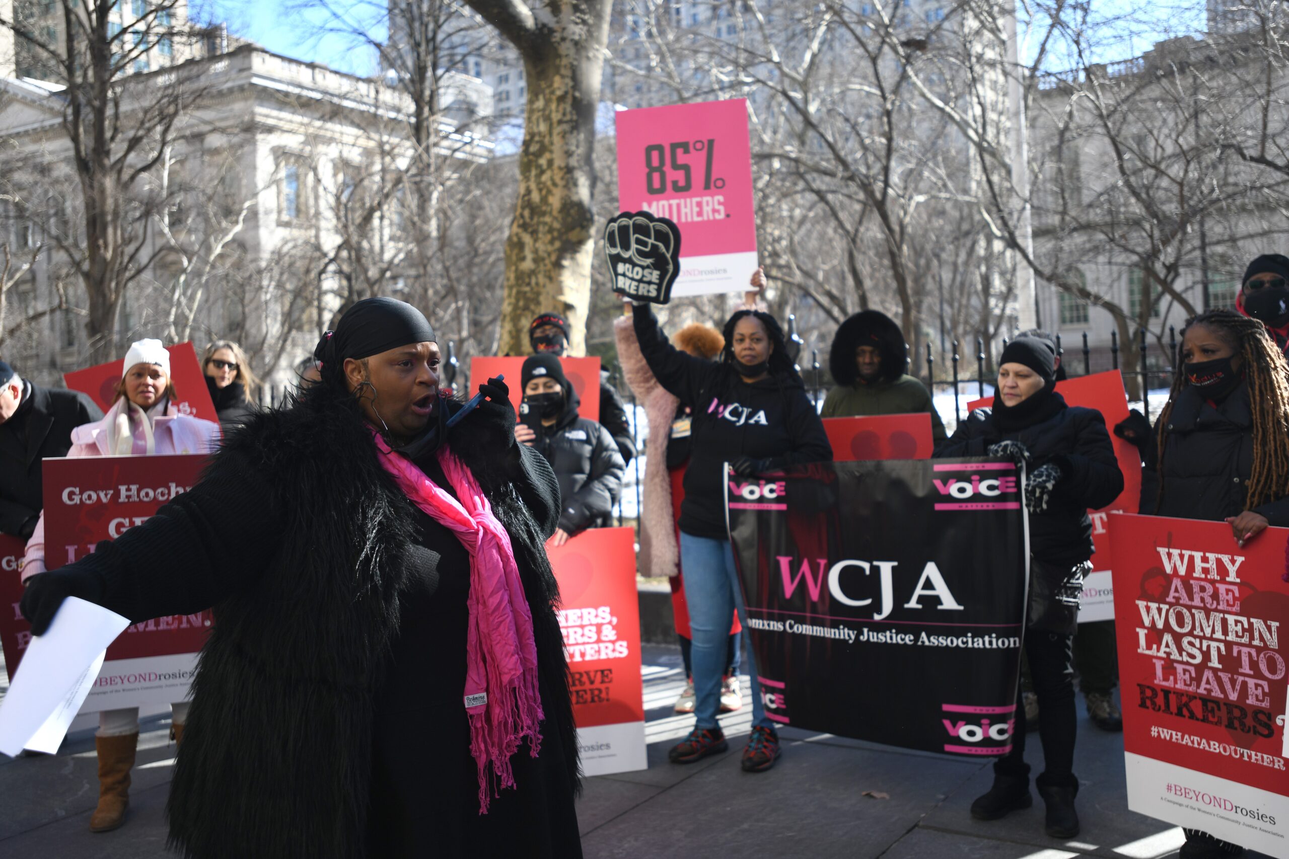 On a cold day in a city park, about a dozen figures stand holding black, red, white, and pink placards, at least two signs reading,
